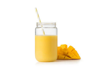 mango smoothie in glass jar isolated on white background.