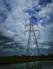 Electric towers with wires/cables. Electrical power Supply towers. Large electrical towers. Posterised image, blurred background sky. Unfocused background sky.
