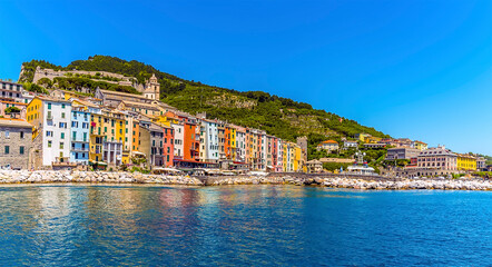 Fototapeta na wymiar A view looking back to the harbour and town of Porto Venere, Italy in the summertime