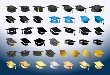 Great collection of academic hats. Creative graduating icons. Isolated abstract graphic design template. Education symbols. Set of reward elements. Back to School, Class Off congratulating background.