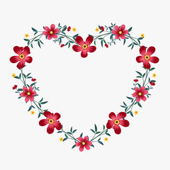 Plakat Vector peony flower heart shape frame drawing, Red and pink floral wreath ivy style with branch and leaves.