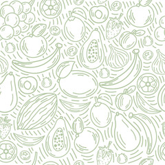 Vector fruits seamless pattern in outline style. Bright background of healthy fresh food. Ideal for poster, banner, packaging, and home decor. 