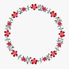 Vector peony flower circle shape frame drawing, Red and pink floral wreath ivy style with branch and leaves.