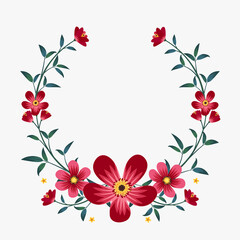 Vector peony flower circle shape frame drawing, Red and pink floral wreath ivy style with branch and leaves.