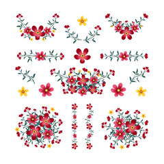 Isolated red and pink flower elements with branch and leaves. Vector wreath bouquet and decorative.