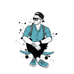 Stylish skater in jeans and sneakers. Skateboard. Vector illustration for a postcard or a poster, print for clothes. Street cultures. © juliagrin