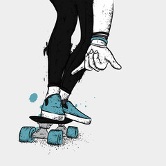 Stylish skater in jeans and sneakers. Skateboard. Vector illustration for a postcard or a poster, print for clothes. Street cultures.