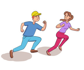 Happy man and woman jogging together isolated