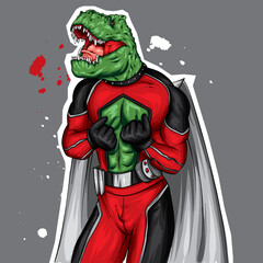 Dinosaur in a superhero costume. Athletic muscular man. Vector illustration for a card or poster, print on clothes. A guy with a pumped up body and a dinosaur head.