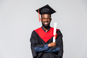 Young happy african american man student holding graduation certificate exciting expression...