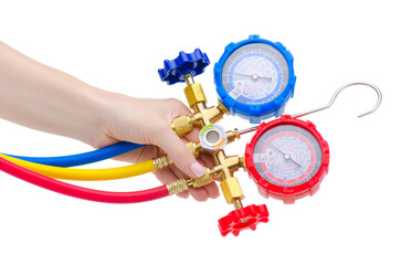 Hand holding gauge station, pressure gauge, manometer on white background isolation