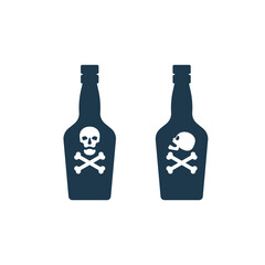 Bottle poison alcohol skull in profile and full face for concept design. Dangerous container. Potion beverage bar drink concept. Alcohol addiction icon. Venom, danger symbol. Isolated illustration
