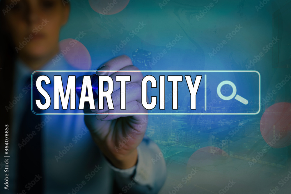 Poster writing note showing smart city. business concept for an urban area that uses communication technolo