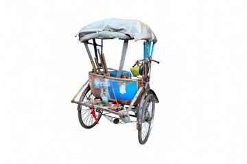 Fototapeta na wymiar old weathered bicycle Tuk Tuk famous vehicle in Thailand isolated on white