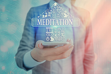 Text sign showing Meditation. Business photo showcasing achieve a mentally clear and emotionally...