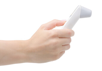Hand holding non-contact digital thermometer on white background isolation