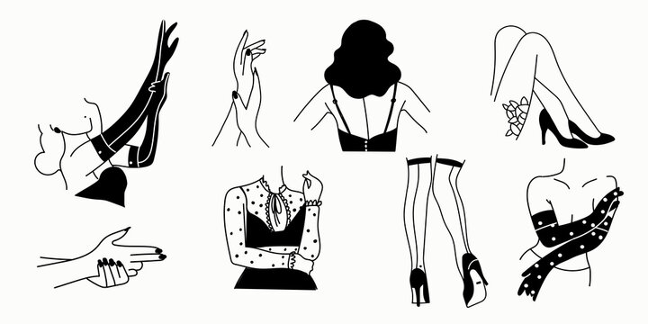 Female erotic silhouettes on a white background. The style of burlesque. Gestures of hands, feet, gloves on the hands. Nail stickers, wall stickers. Black line. Vector.