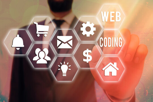 Text sign showing Web Coding. Business photo text a system of symbols and rules used to represent instructions Grids and different set up of the icons latest digital technology concept