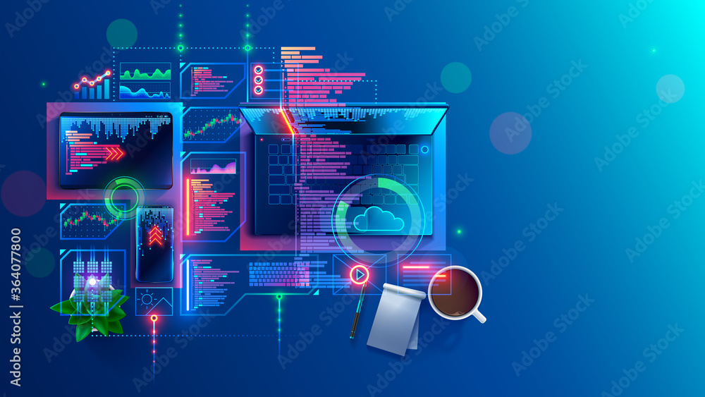 Fototapete Concept of programming, coding computer software. Program development technology. Learning create web applications of mobile devices. Code smartphone app or tablet. Top view on desk of programmer.