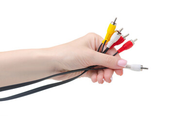 Connector RCA in hand on white background isolation
