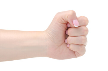 Female hand showing fist strength sign on white background isolation