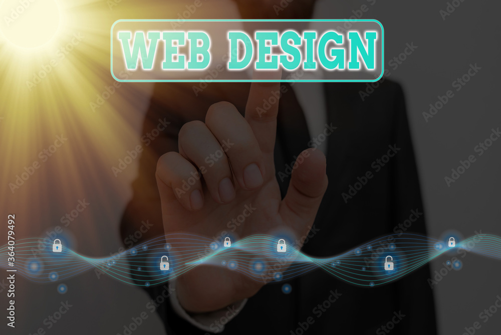 Poster Word writing text Web Design. Business photo showcasing website creation which includes layout, content, and graphics Graphics padlock for web data information security application system