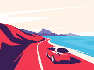 Vector illustration of a red car moving along the ocean mountain road