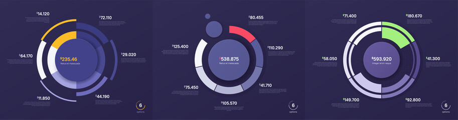 Set of vector circle chart designs, modern templates for creating infographics, presentations, reports, visualizations