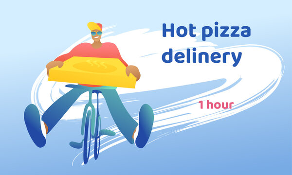 Cheerful guy courier in a cap on a bicycle with a box of pizza. A male courier rides with his legs in different directions, smiling broadly in sunglasses. Home delivery concept.