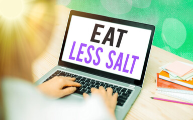 Writing note showing Eat Less Salt. Business concept for reducing the sodium intake on the food and...