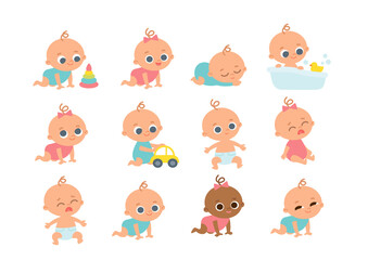 Big set of baby toddlers different nationalities cartoon characters in various poses. Baby girls and boys with different emotions.