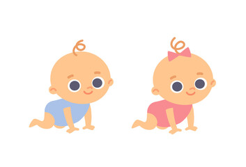 Set of 2 two toddler babies crawling. Baby girl and baby boy. Children's activities.