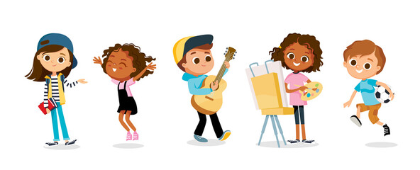 Set of 5 five kid / child cartoon characters performing different activities, music, art, sport. Children's hobbies and activities.