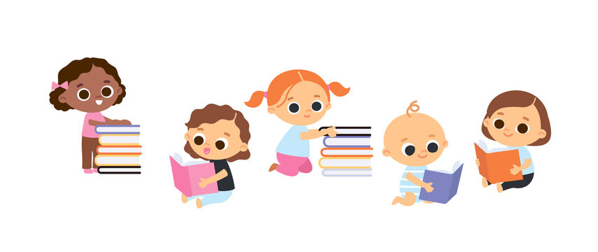 Set of 4 four babies sitting reading books. Children and babies with books.