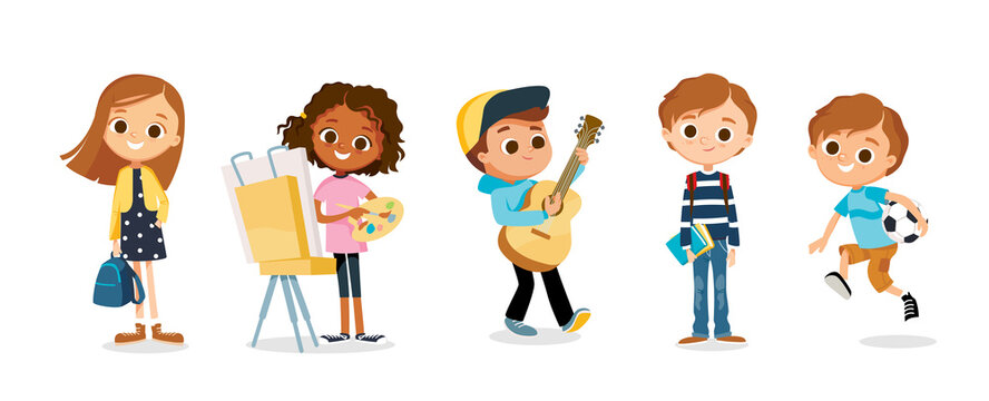 Set of 5 five kid / child cartoon characters performing different activities, music, art, sport. Children's hobbies and activities.