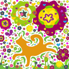 Obraz na płótnie Canvas hand-drawn red cat in flowers element design