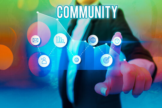 Text sign showing Community. Business photo showcasing group of showing with a common characteristics living together Arrow symbol going upward denoting points showing significant achievement
