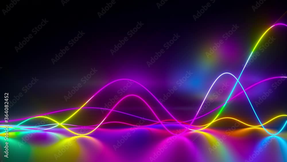 Leinwandbilder Abstract glowing neon lines waving with copy space. Abstract equalizer background. Ultraviolet spectrum laser show. Bright shiny neon lines 4K loop 3D animation.