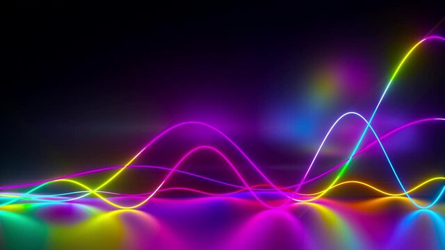 Abstract glowing neon lines waving with copy space. Abstract equalizer background. Ultraviolet spectrum laser show. Bright shiny neon lines 4K loop 3D animation.