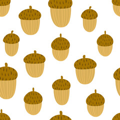 Autumn seamless pattern with stylized brown oak acorns on white background. Scandinavian style texture for fabric, wrapping, textile, wallpaper, clothes, apparel. Vector background with natural motifs