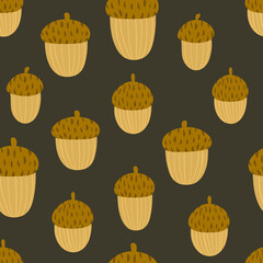 Autumn seamless pattern with stylized brown oak acorns on dark brown background. Scandinavian style texture for fabric, wrapping, textile, wallpaper, apparel. Vector background with natural motifs.