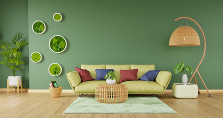 Modern home decor with green sofa and rattan furniture on green wall background, 3d rendering 