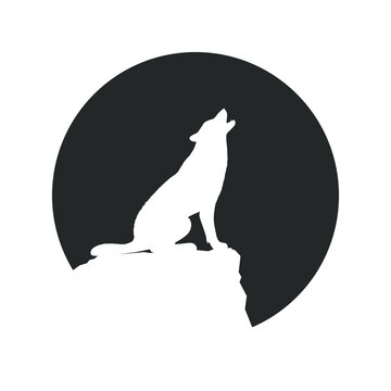 Wolf on the rock graphic icon. Wolf howls at the Moon. Sign in the circle isolated on white background. Vector illustration