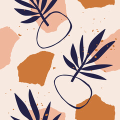 Abstract aesthetic seamless pattern with leaves, torn paper pieces and graphic elements. Vector illustration
