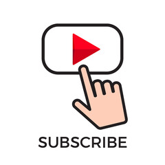 Subscribe button and finger click cursor. Social media web button, channel video content. Vector illustration. EPS 10