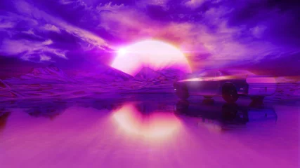 Fototapeten Violett RETRO-LANDSCHAFT MIT AUTO: Neon leuchtende Sonne + Wolken   Synthwave / Retrowave / Vaporwave-Hintergrund   3D-Illustration  © Jacqueline Weber