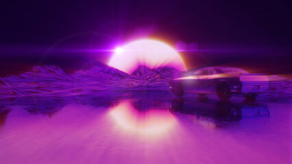 RETRO LANDSCAPE WITH CAR: Neon glowing sun and starry sky | Synthwave / Retrowave / Vaporwave Background | 3D Illustration