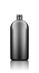 Liquid dishwashing detergent, fabric softener black plastic bottle mockup with cap lid. Washing machine bleach and laundry package. Blank hygiene, housekeeping product template. 3d vector illustration