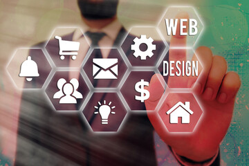 Text sign showing Web Design. Business photo text website creation which includes layout, content,...