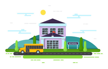 Obraz na płótnie Canvas School Education Building Bus Outdoor Landscape Cartoon Illustration